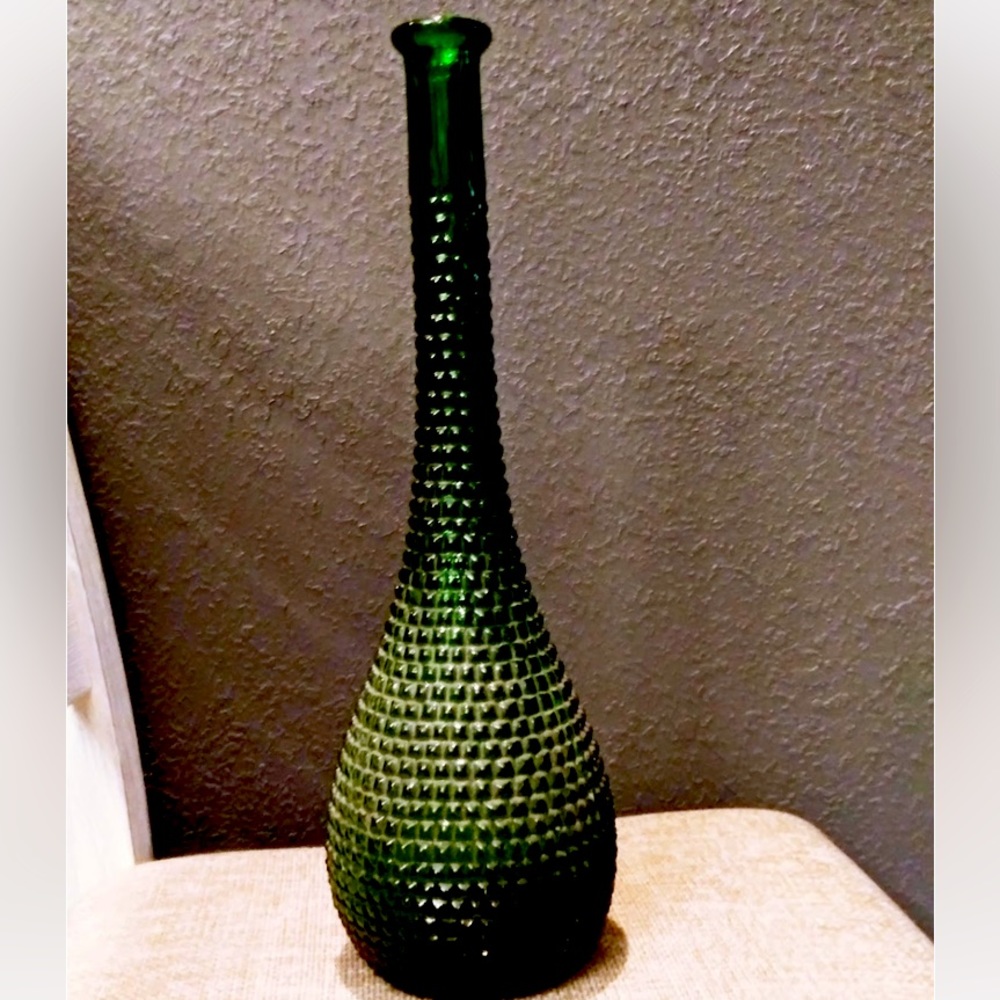 Vintage MCM Empoli Italian Green Glass Genie bottle Diamond Cut Blown